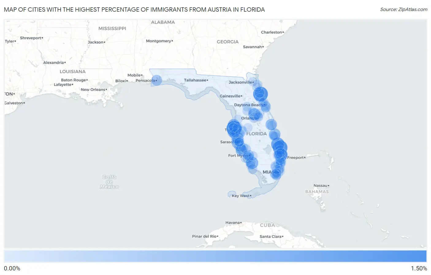 Cities with the Highest Percentage of Immigrants from Austria in Florida Map