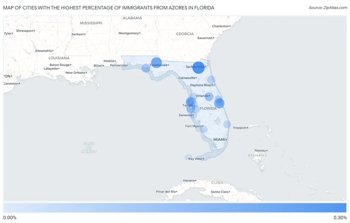 Cities with the Highest Percentage of Immigrants from Azores in Florida Map