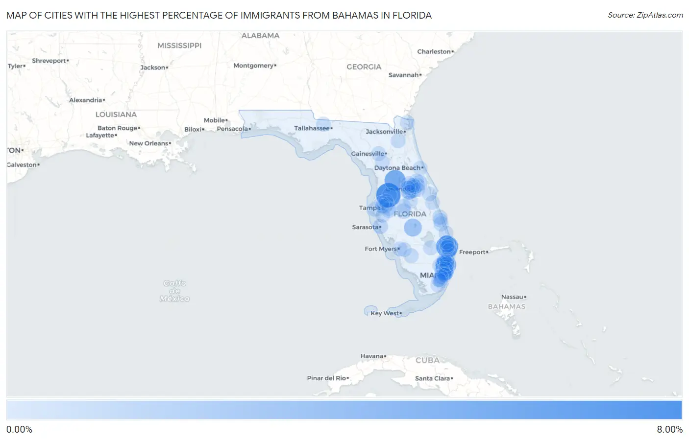 Cities with the Highest Percentage of Immigrants from Bahamas in Florida Map
