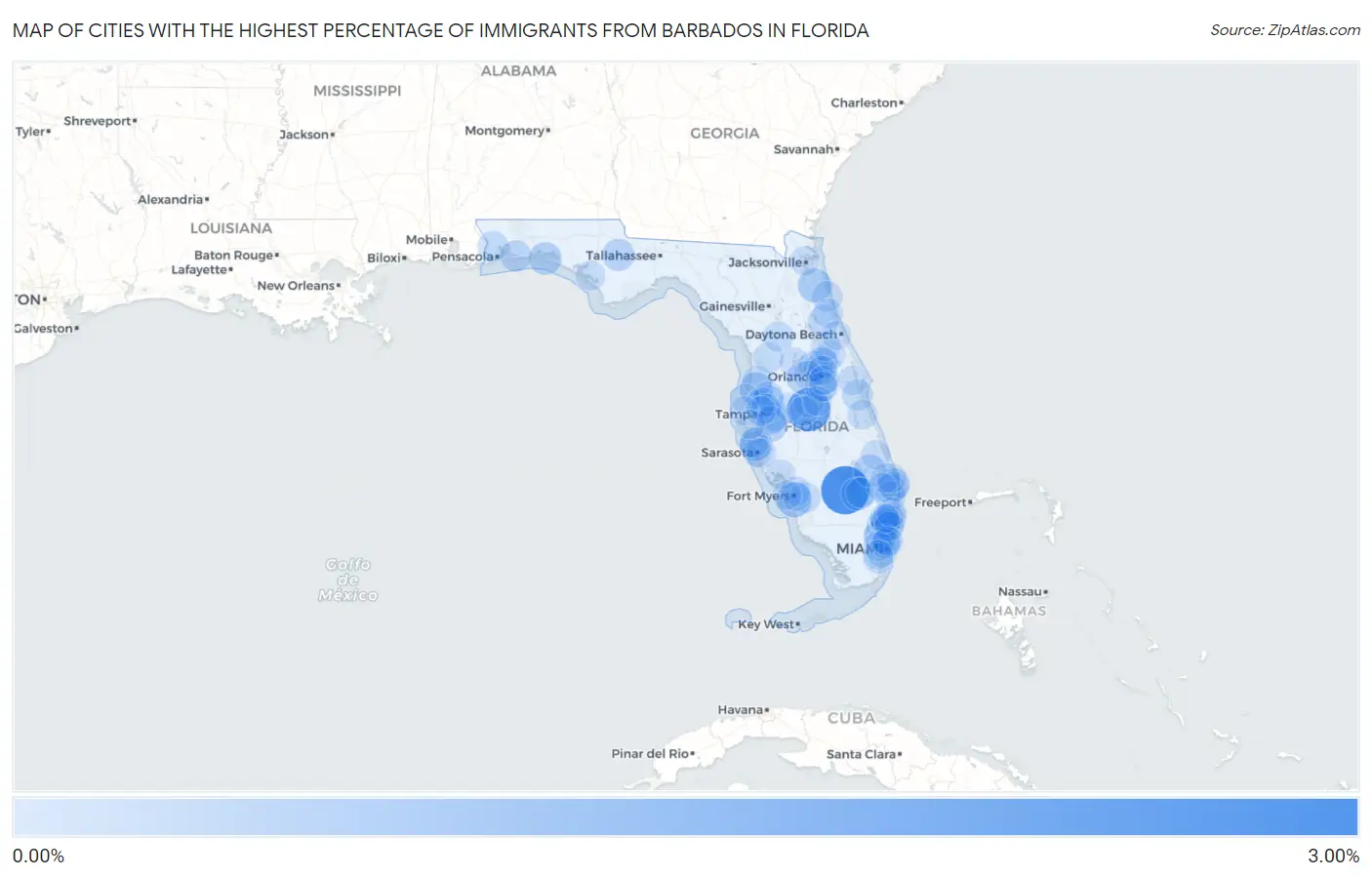 Cities with the Highest Percentage of Immigrants from Barbados in Florida Map