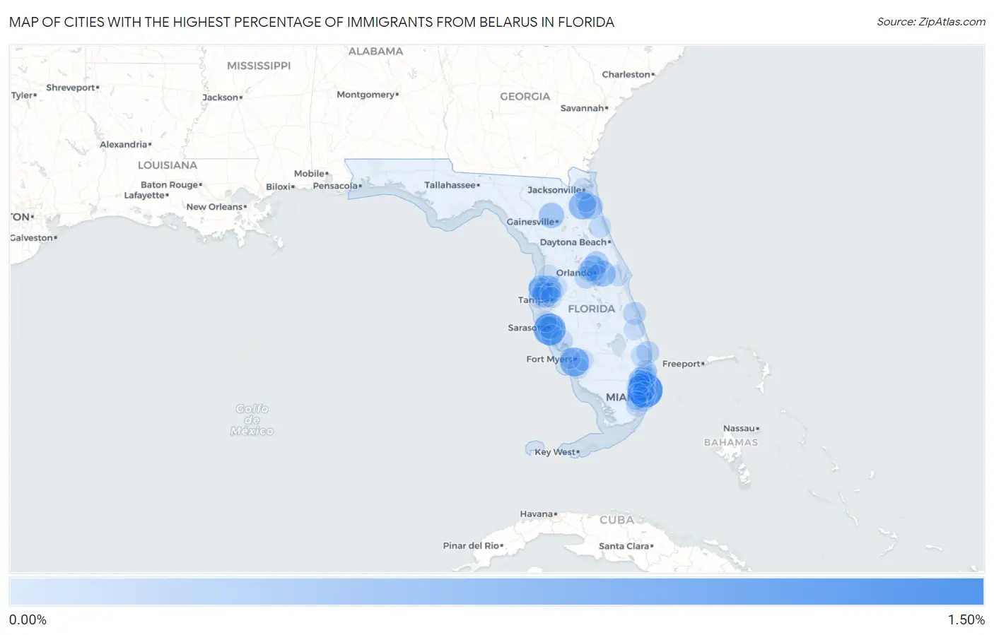 Cities with the Highest Percentage of Immigrants from Belarus in Florida Map