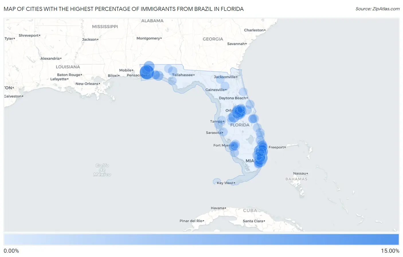 Cities with the Highest Percentage of Immigrants from Brazil in Florida Map