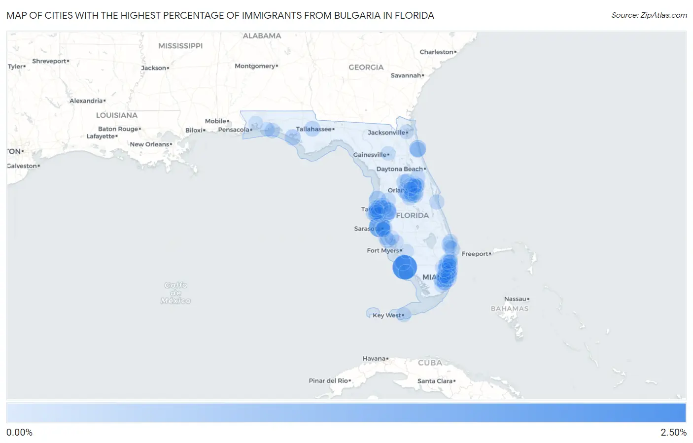 Cities with the Highest Percentage of Immigrants from Bulgaria in Florida Map