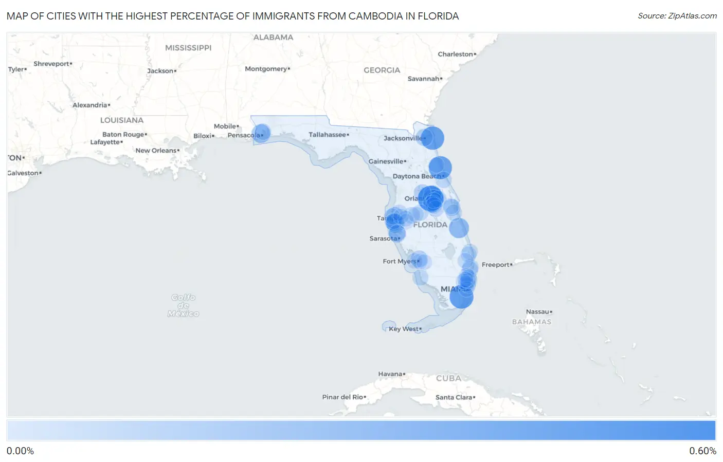 Cities with the Highest Percentage of Immigrants from Cambodia in Florida Map