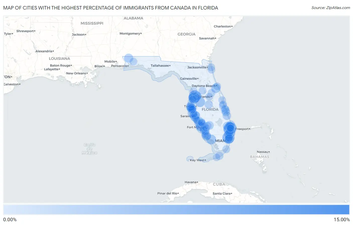 Cities with the Highest Percentage of Immigrants from Canada in Florida Map