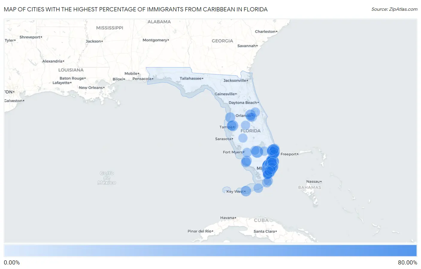 Cities with the Highest Percentage of Immigrants from Caribbean in Florida Map