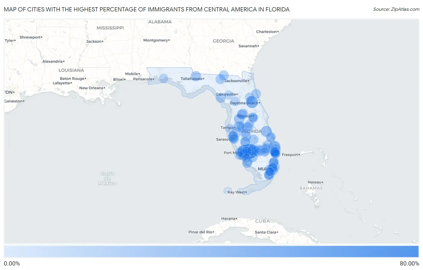 Cities with the Highest Percentage of Immigrants from Central America in Florida Map