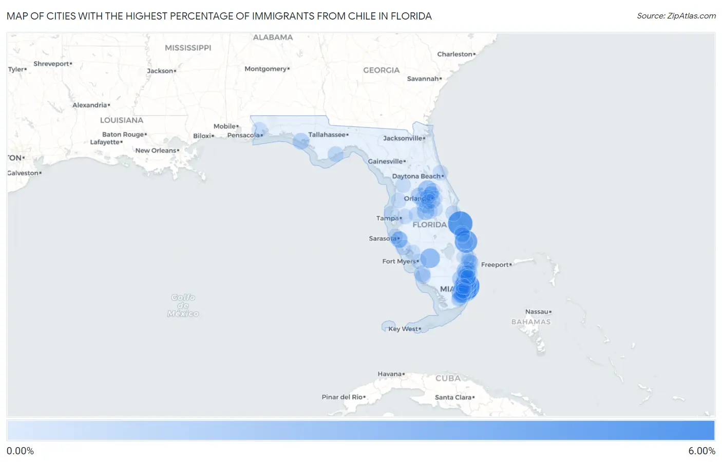 Cities with the Highest Percentage of Immigrants from Chile in Florida Map
