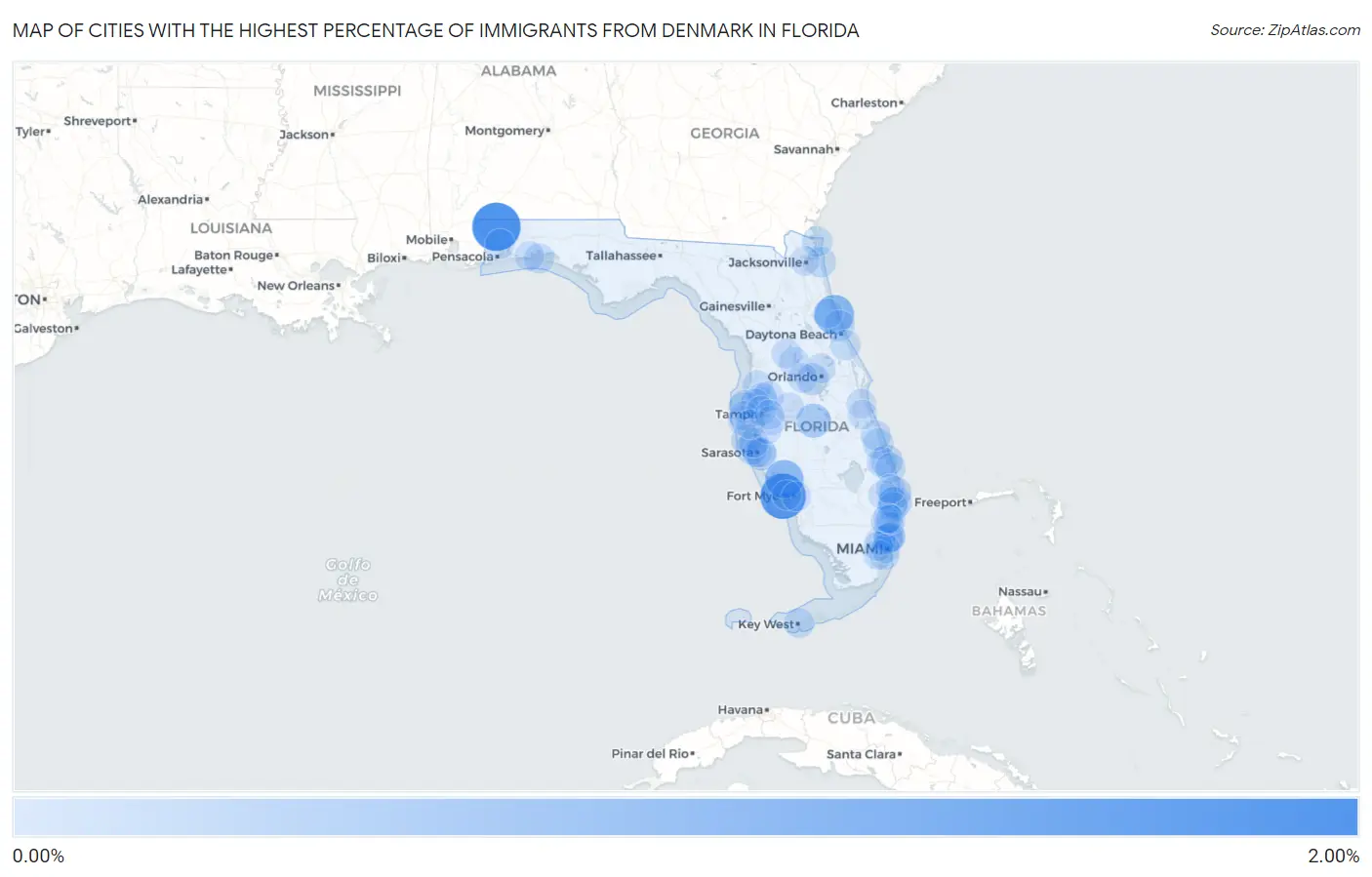Cities with the Highest Percentage of Immigrants from Denmark in Florida Map
