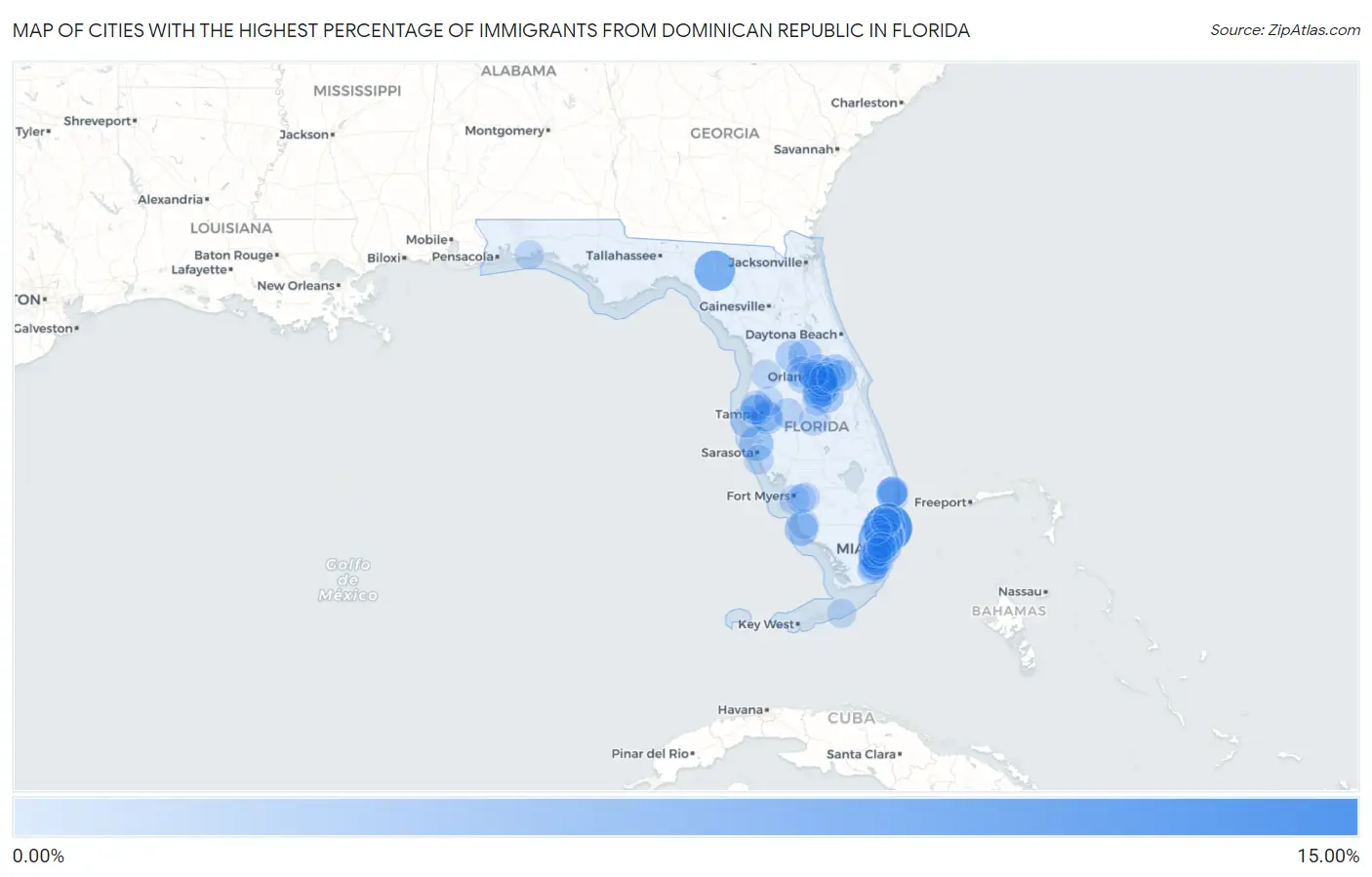 Cities with the Highest Percentage of Immigrants from Dominican Republic in Florida Map
