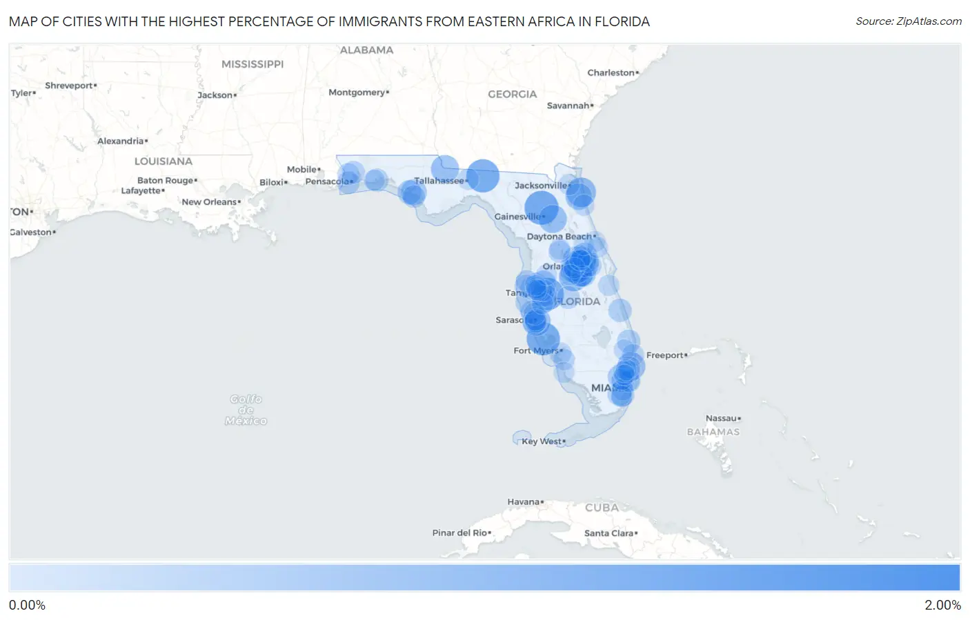 Cities with the Highest Percentage of Immigrants from Eastern Africa in Florida Map