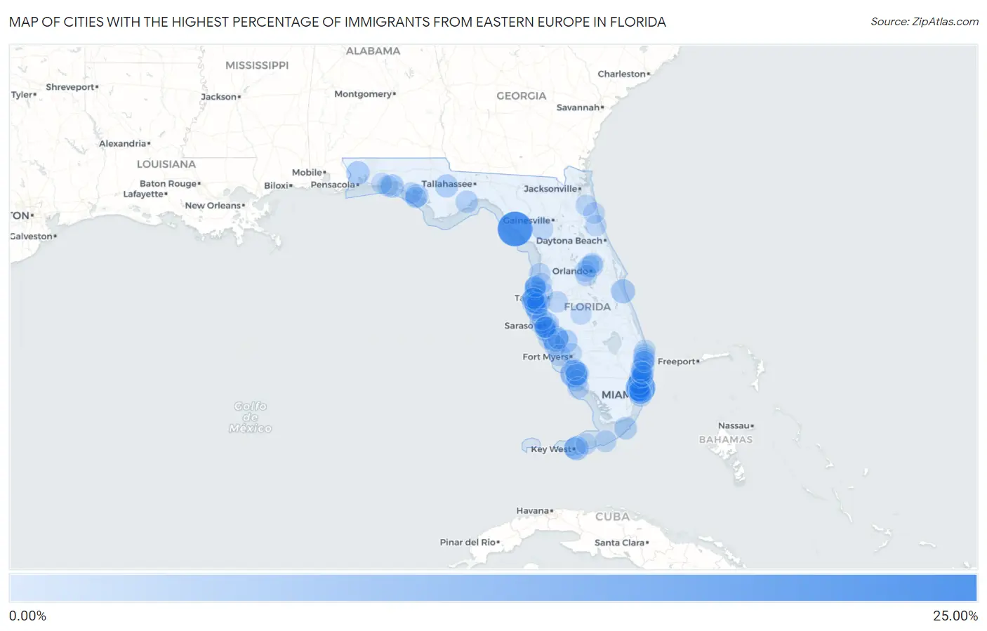 Cities with the Highest Percentage of Immigrants from Eastern Europe in Florida Map