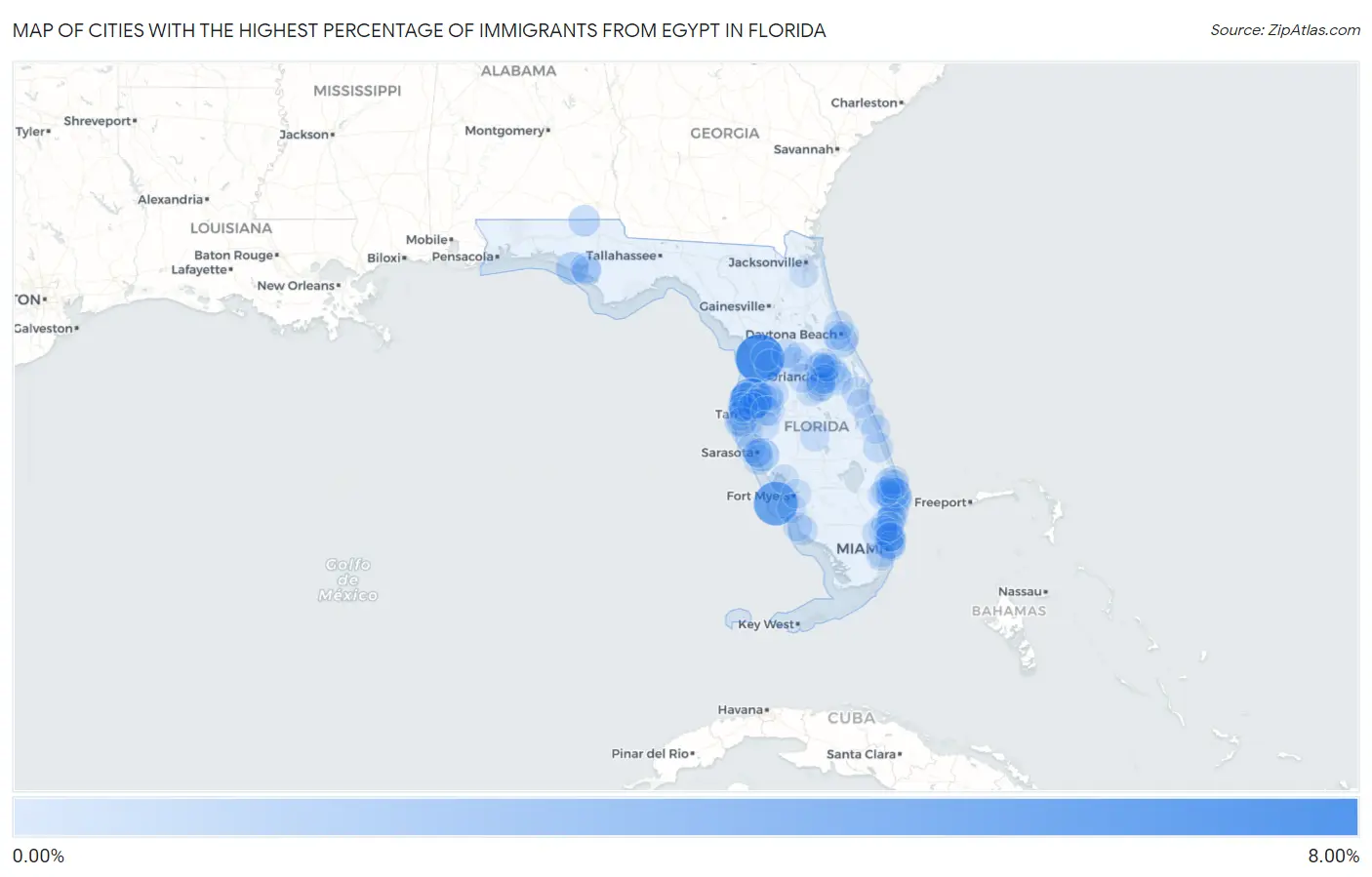 Cities with the Highest Percentage of Immigrants from Egypt in Florida Map