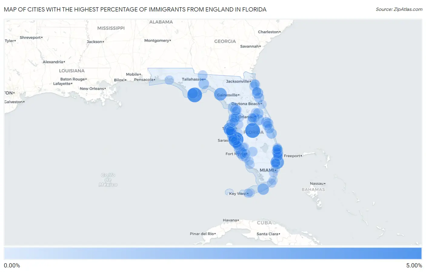 Cities with the Highest Percentage of Immigrants from England in Florida Map