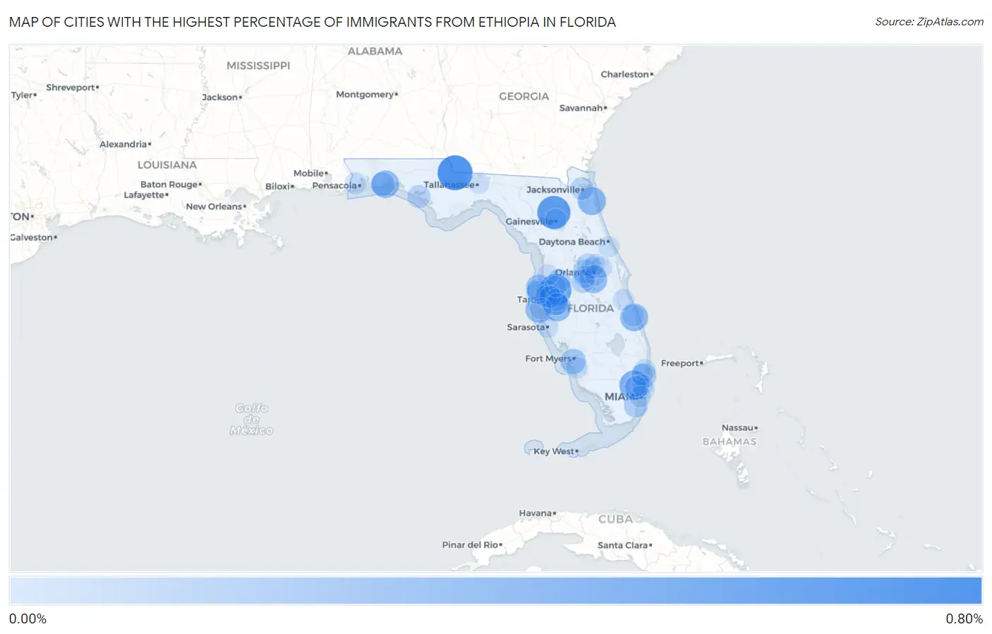 Cities with the Highest Percentage of Immigrants from Ethiopia in Florida Map