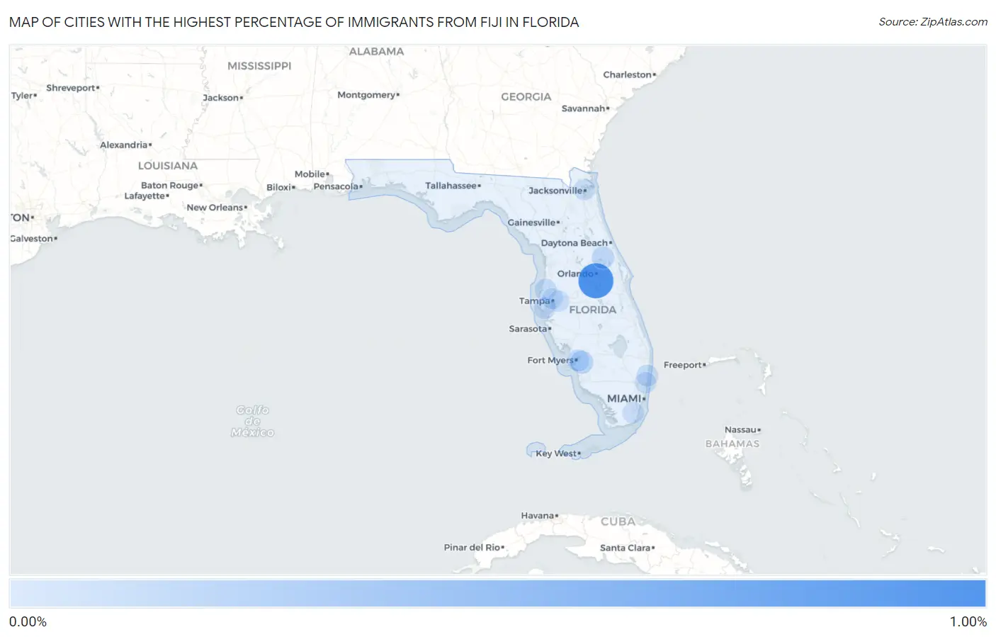 Cities with the Highest Percentage of Immigrants from Fiji in Florida Map