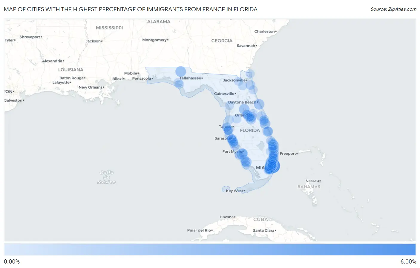 Cities with the Highest Percentage of Immigrants from France in Florida Map