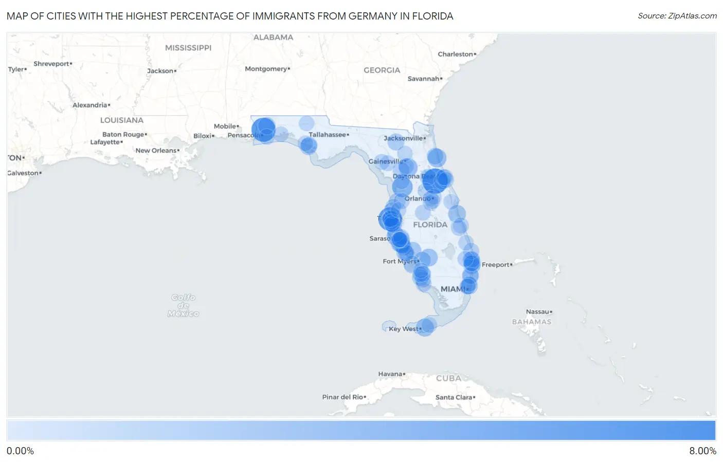 Cities with the Highest Percentage of Immigrants from Germany in Florida Map
