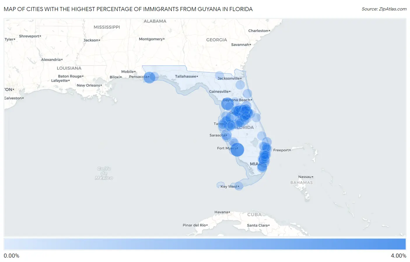 Cities with the Highest Percentage of Immigrants from Guyana in Florida Map