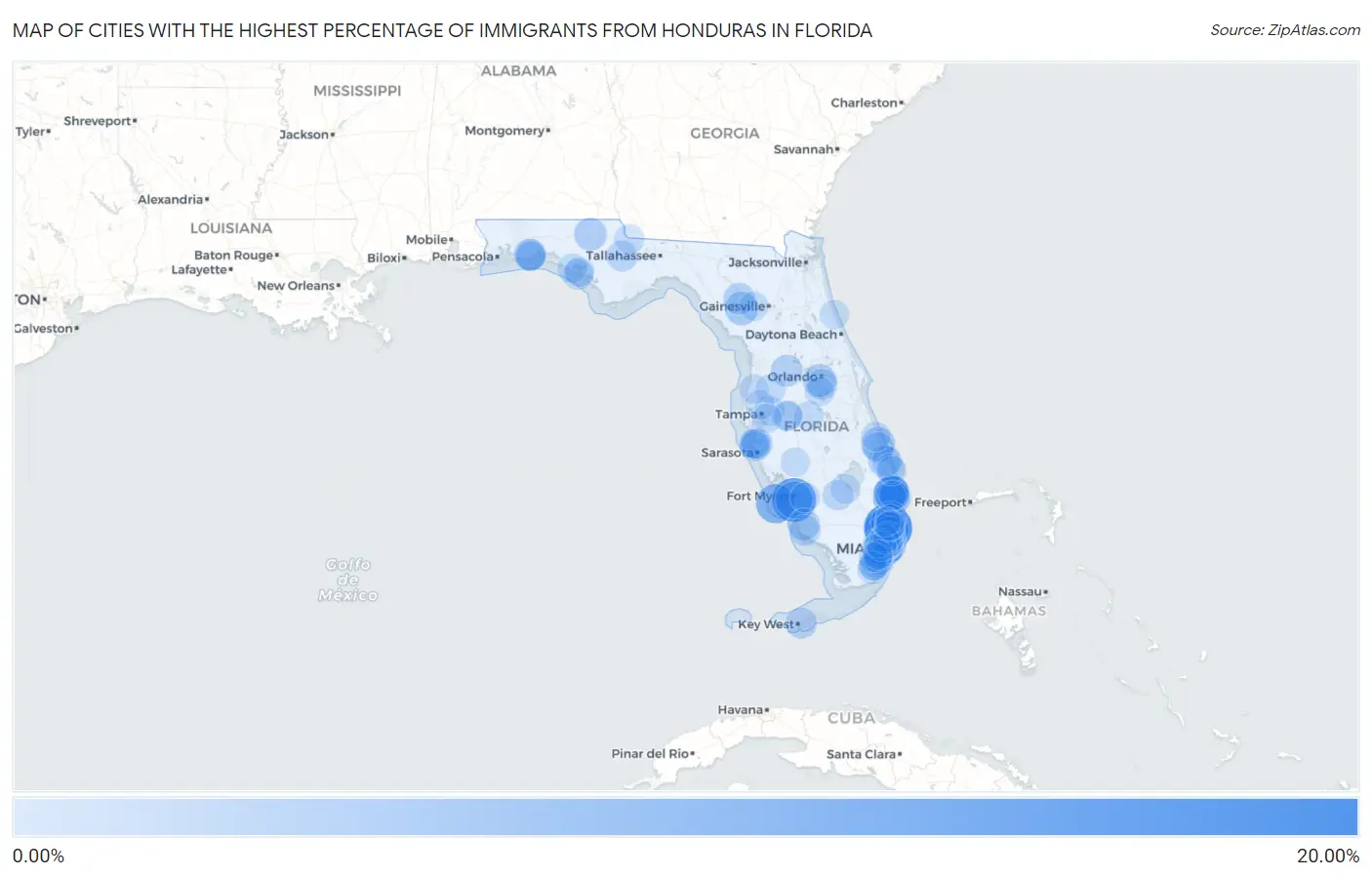 Cities with the Highest Percentage of Immigrants from Honduras in Florida Map