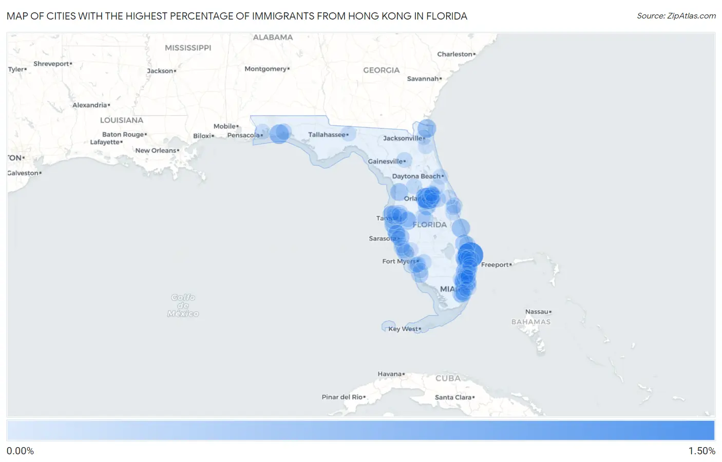 Cities with the Highest Percentage of Immigrants from Hong Kong in Florida Map
