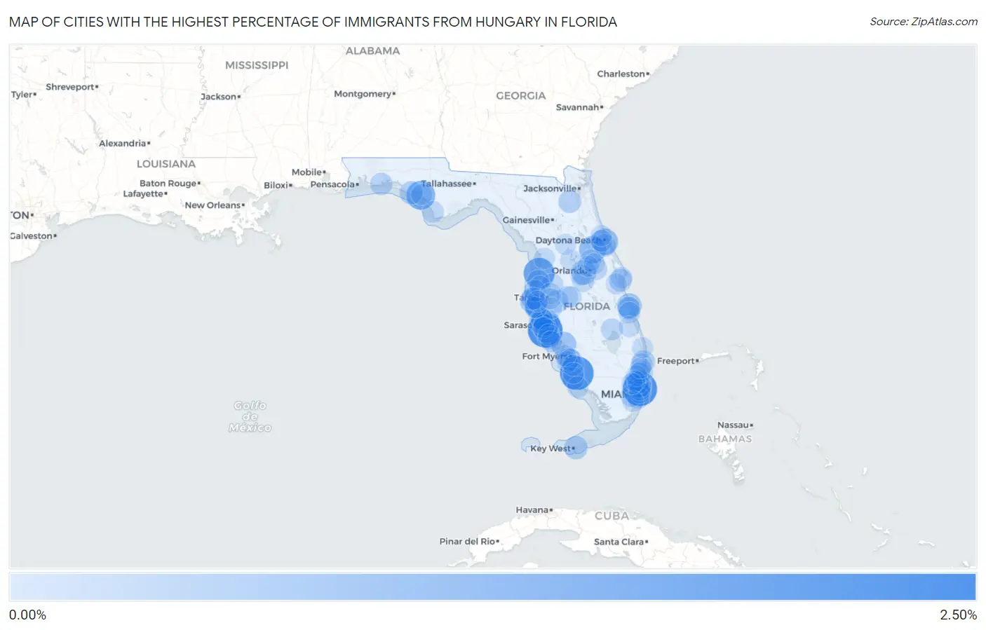 Cities with the Highest Percentage of Immigrants from Hungary in Florida Map