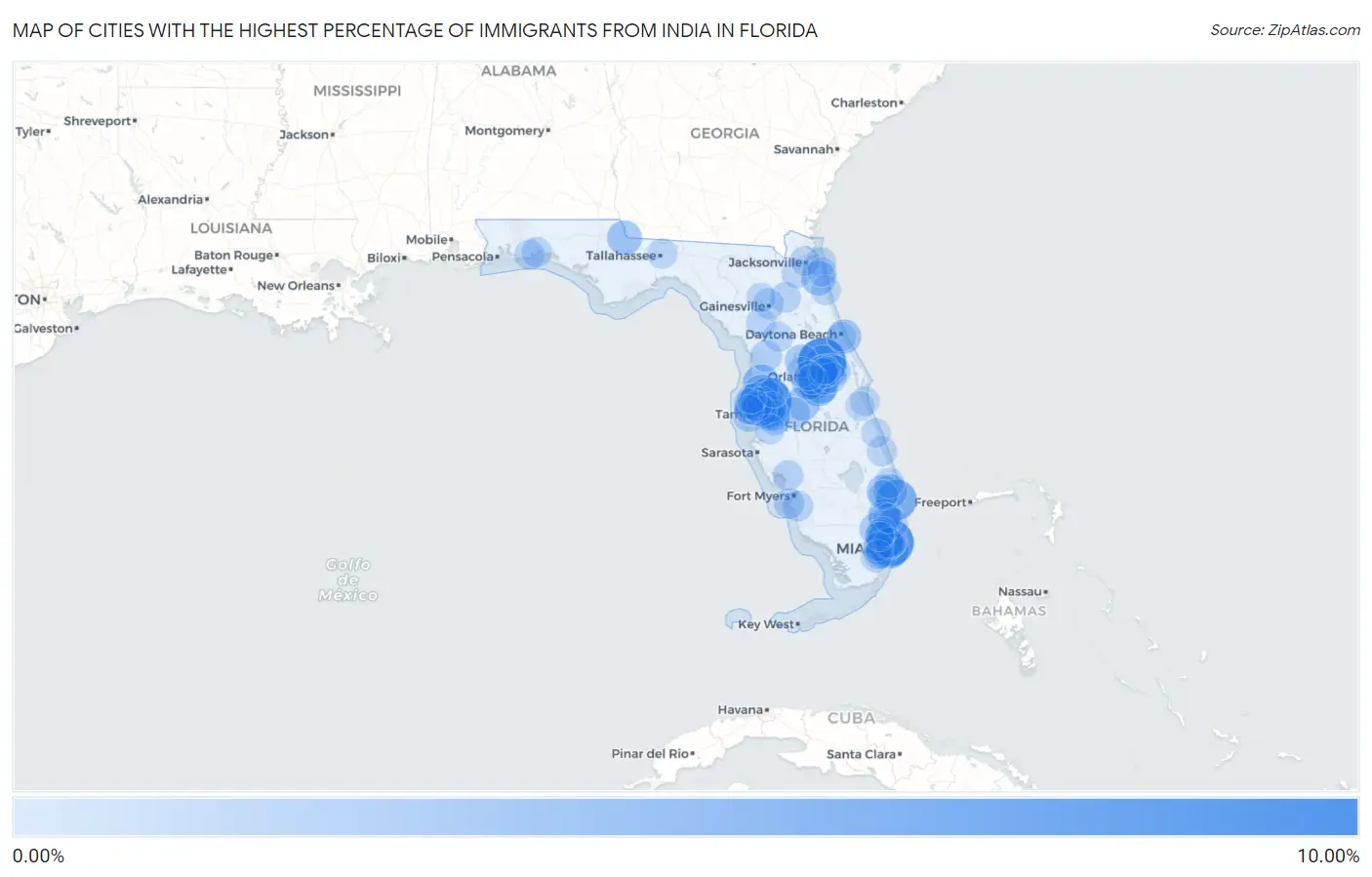 Cities with the Highest Percentage of Immigrants from India in Florida Map