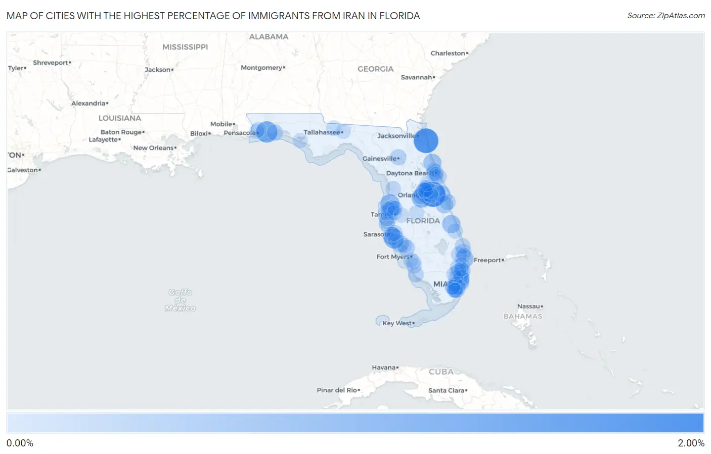 Cities with the Highest Percentage of Immigrants from Iran in Florida Map