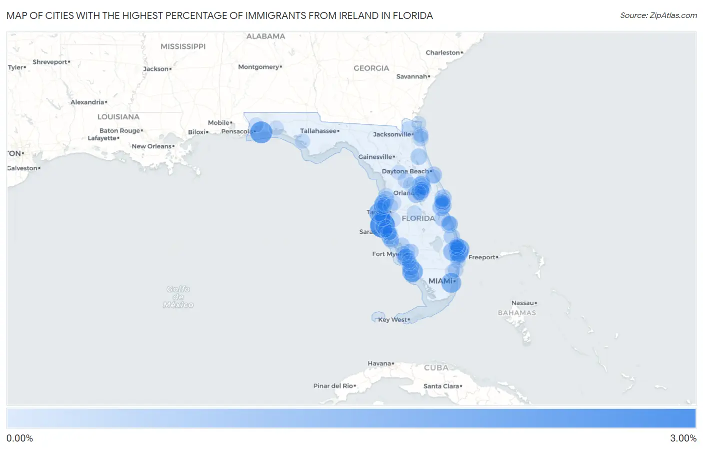 Cities with the Highest Percentage of Immigrants from Ireland in Florida Map