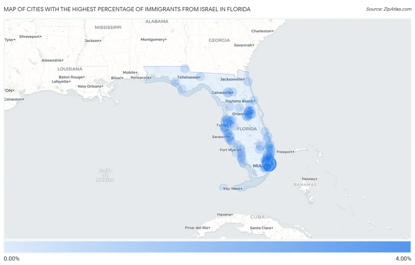 Cities with the Highest Percentage of Immigrants from Israel in Florida Map