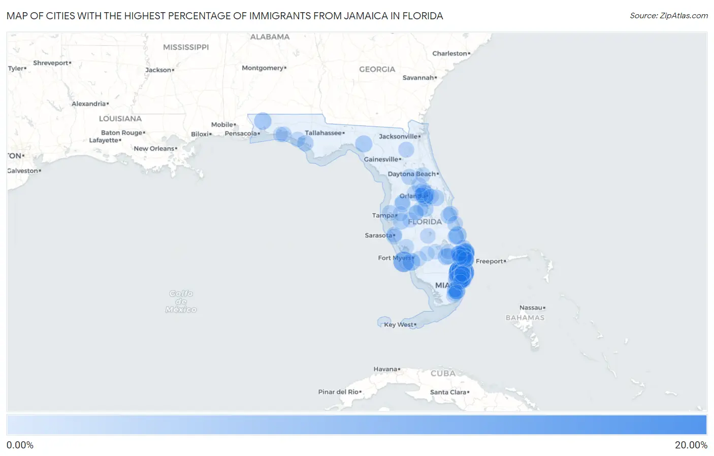 Cities with the Highest Percentage of Immigrants from Jamaica in Florida Map