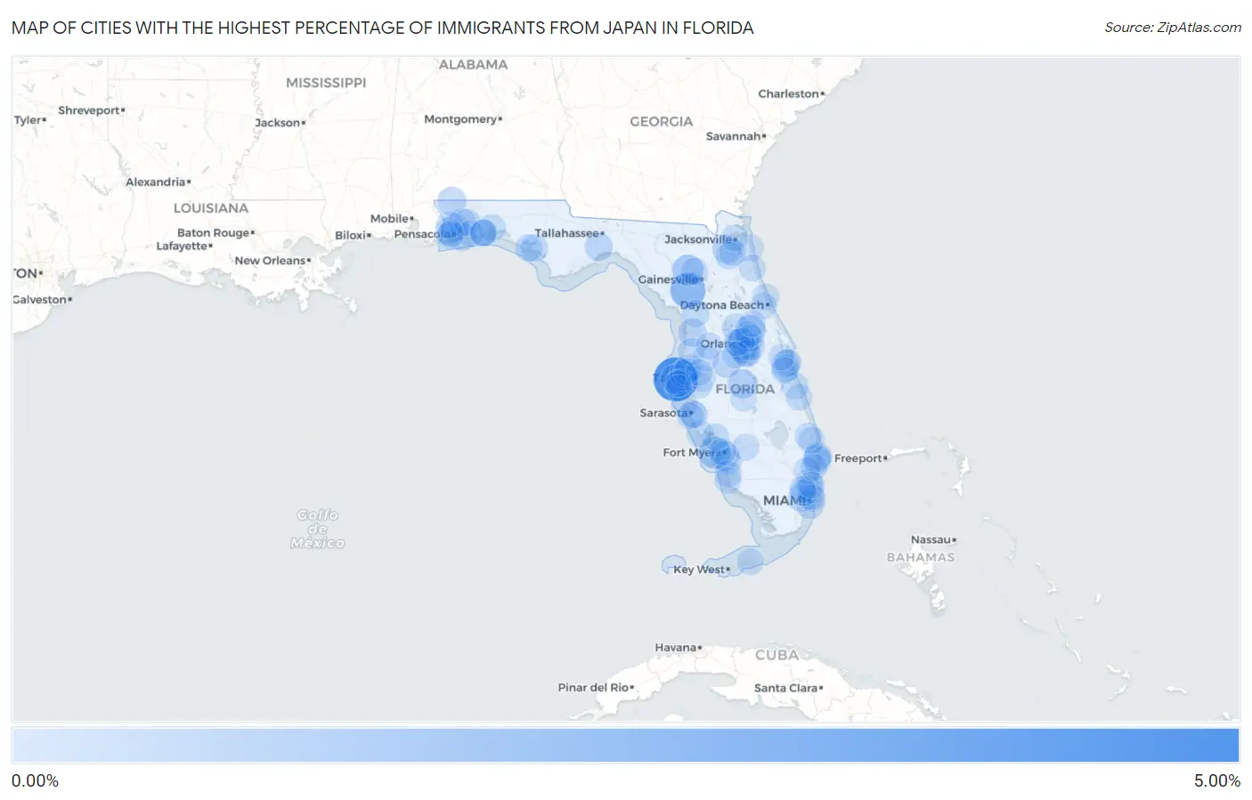 Cities with the Highest Percentage of Immigrants from Japan in Florida Map