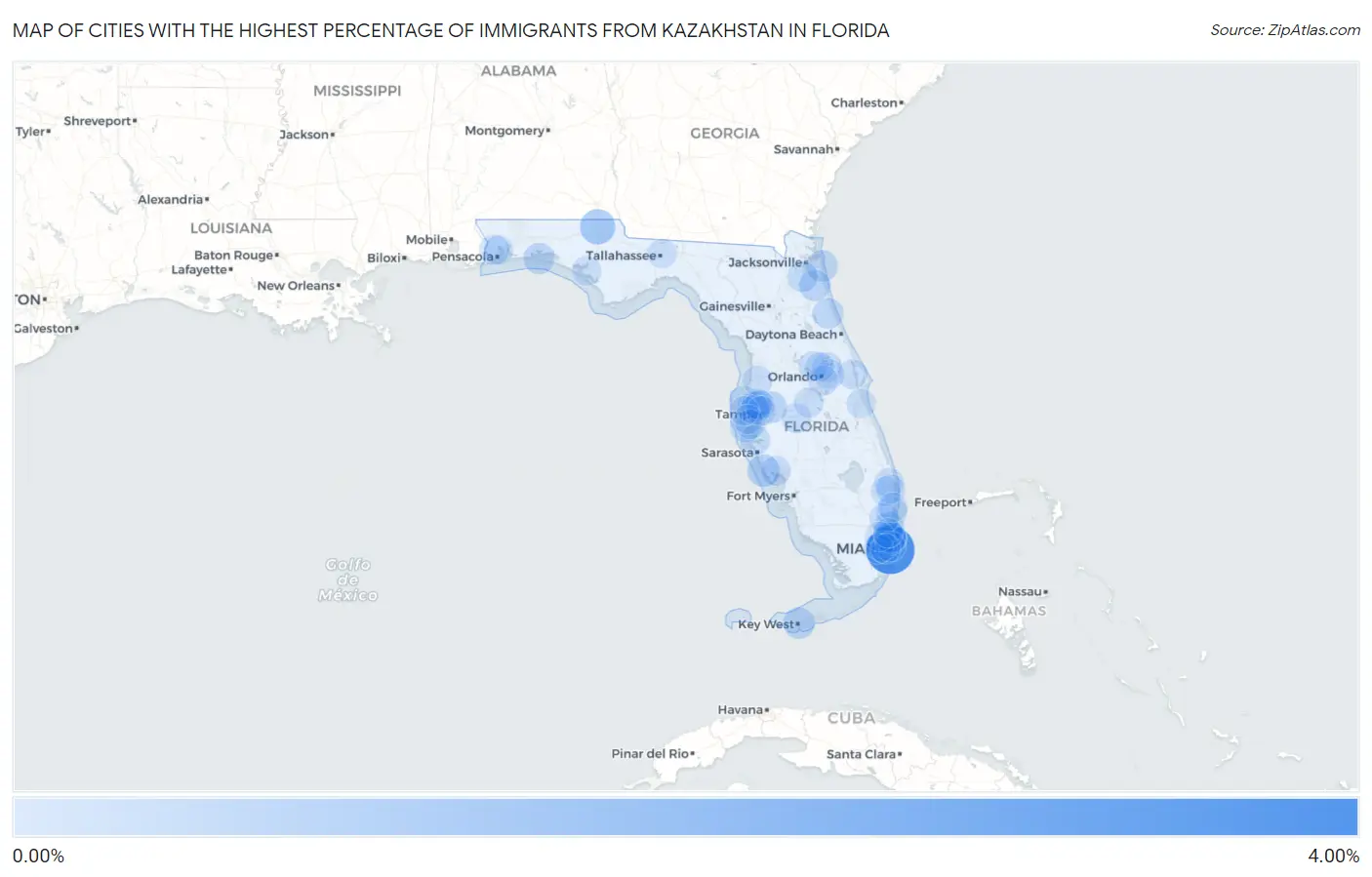 Cities with the Highest Percentage of Immigrants from Kazakhstan in Florida Map
