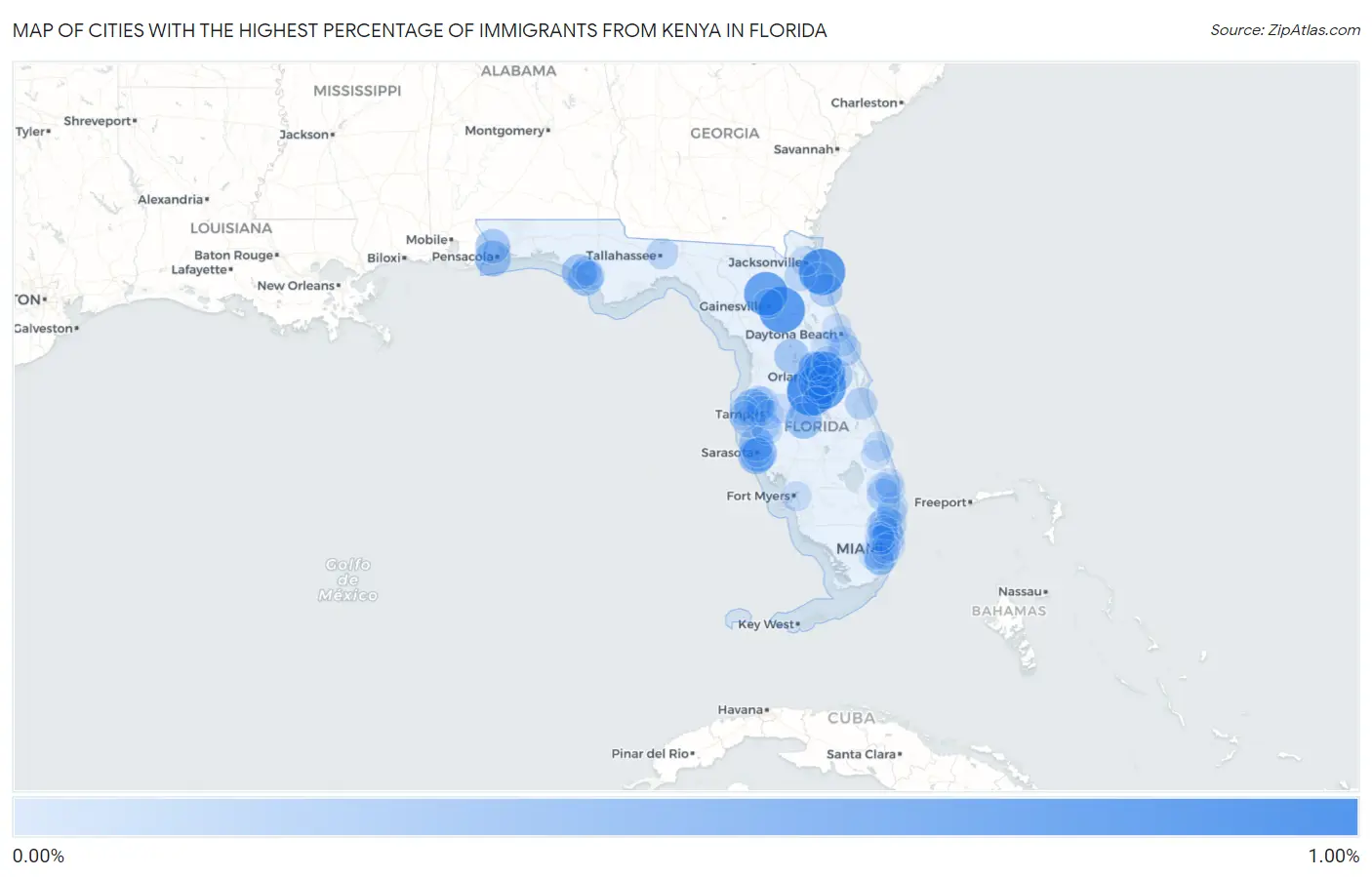 Cities with the Highest Percentage of Immigrants from Kenya in Florida Map