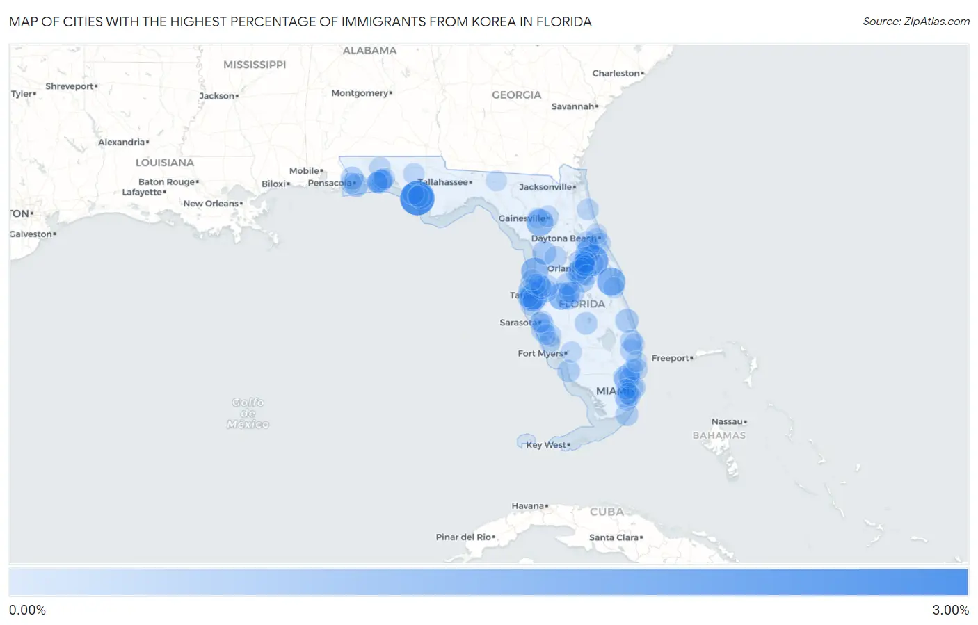 Cities with the Highest Percentage of Immigrants from Korea in Florida Map