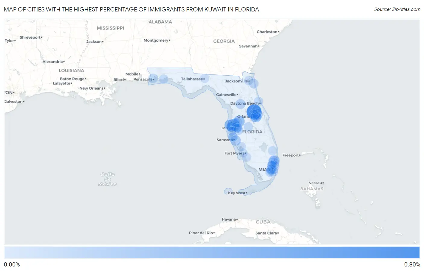 Cities with the Highest Percentage of Immigrants from Kuwait in Florida Map