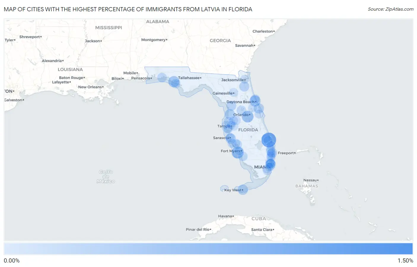 Cities with the Highest Percentage of Immigrants from Latvia in Florida Map