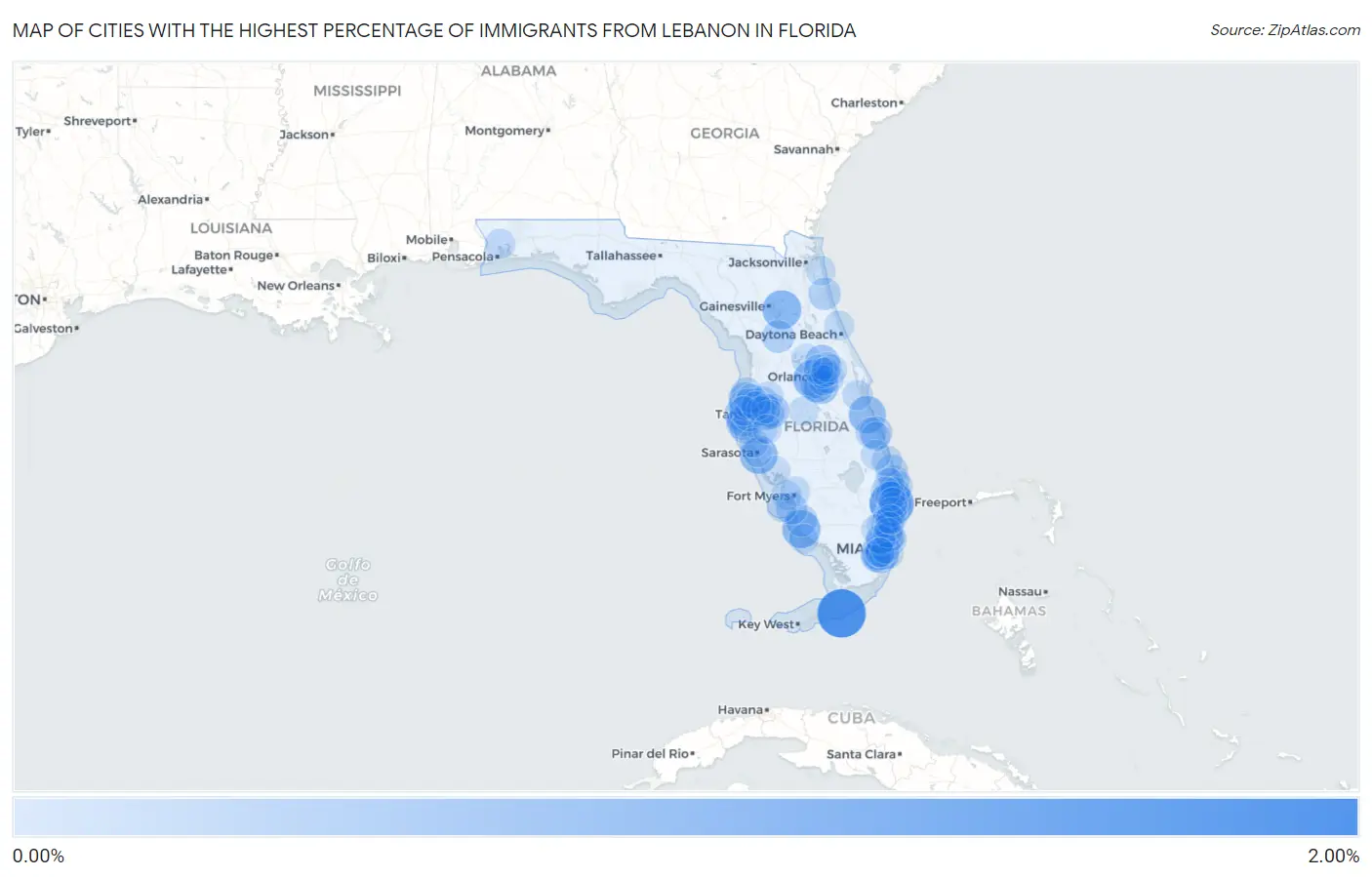Cities with the Highest Percentage of Immigrants from Lebanon in Florida Map