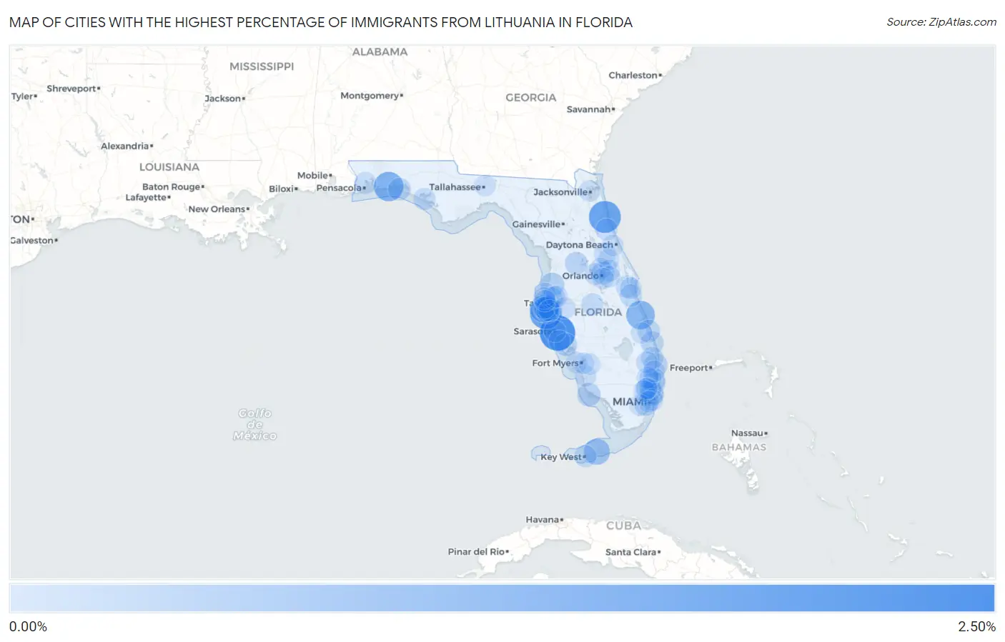 Cities with the Highest Percentage of Immigrants from Lithuania in Florida Map