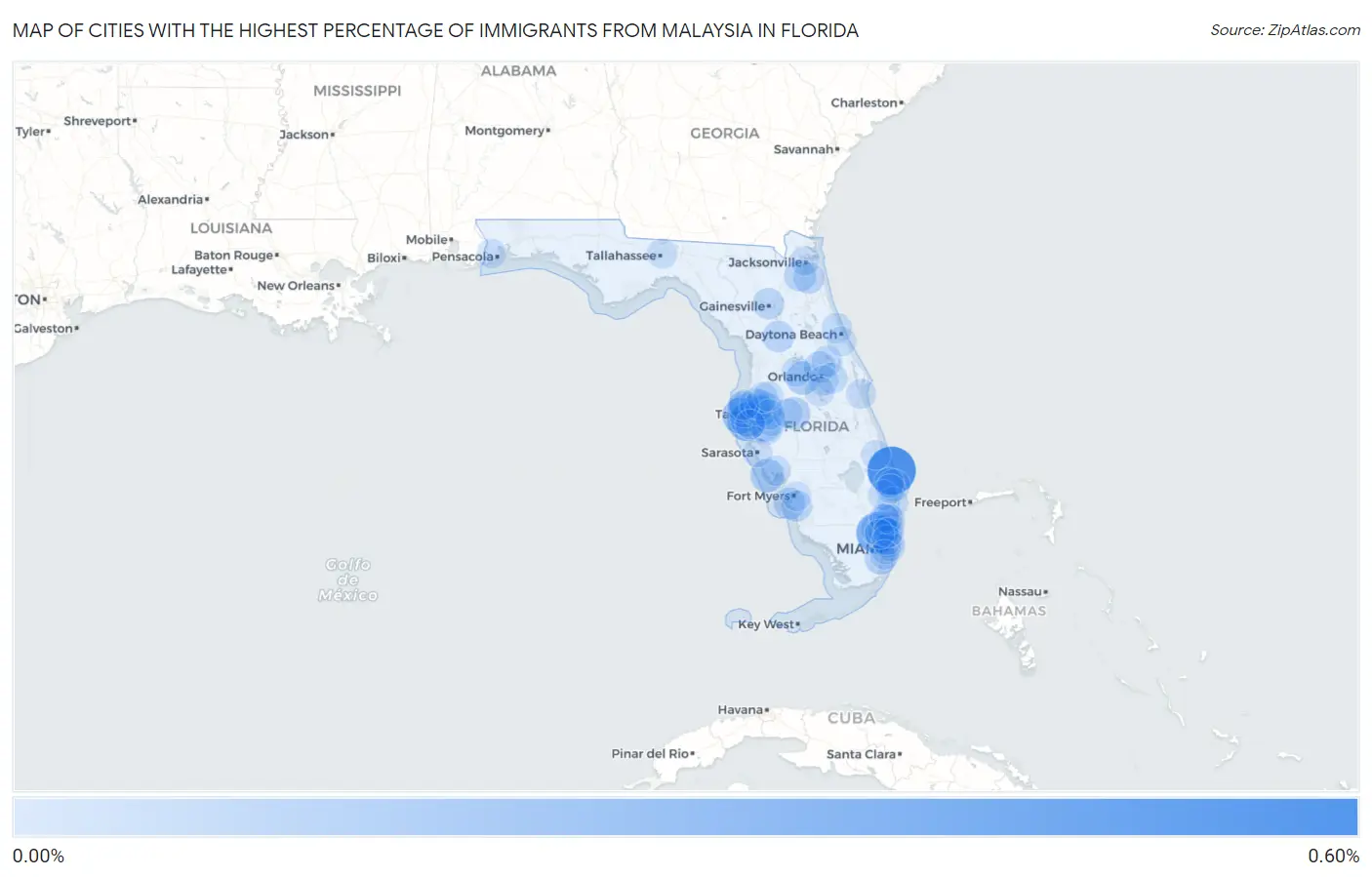 Cities with the Highest Percentage of Immigrants from Malaysia in Florida Map