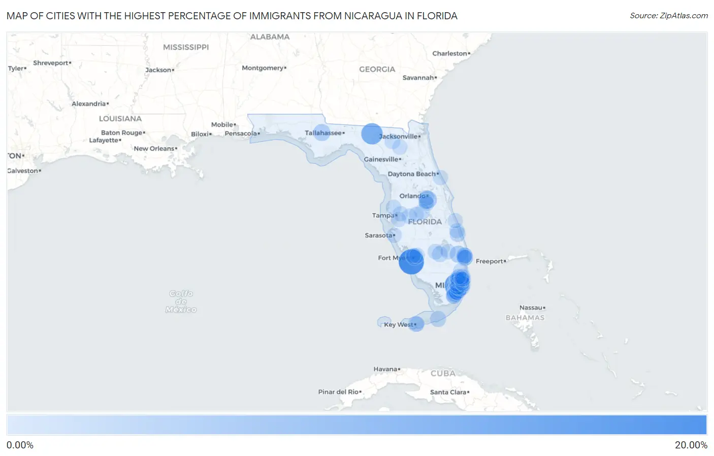 Cities with the Highest Percentage of Immigrants from Nicaragua in Florida Map