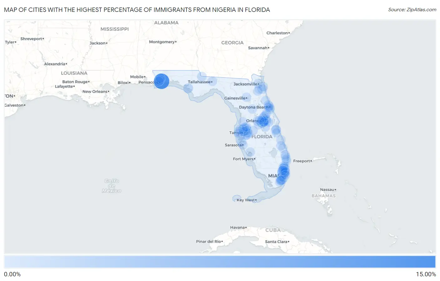 Cities with the Highest Percentage of Immigrants from Nigeria in Florida Map