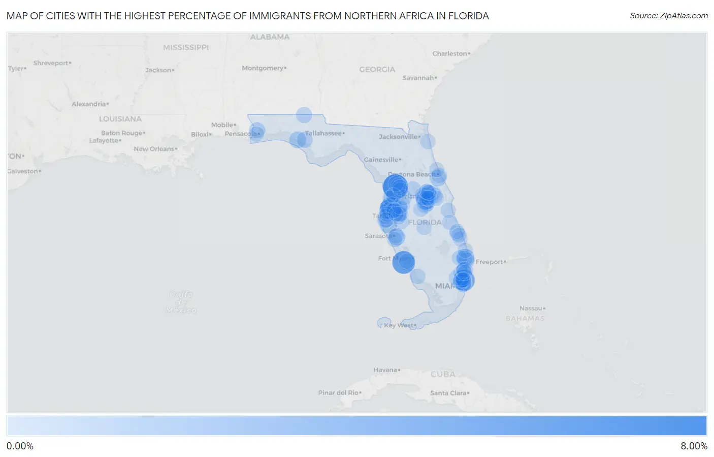 Cities with the Highest Percentage of Immigrants from Northern Africa in Florida Map