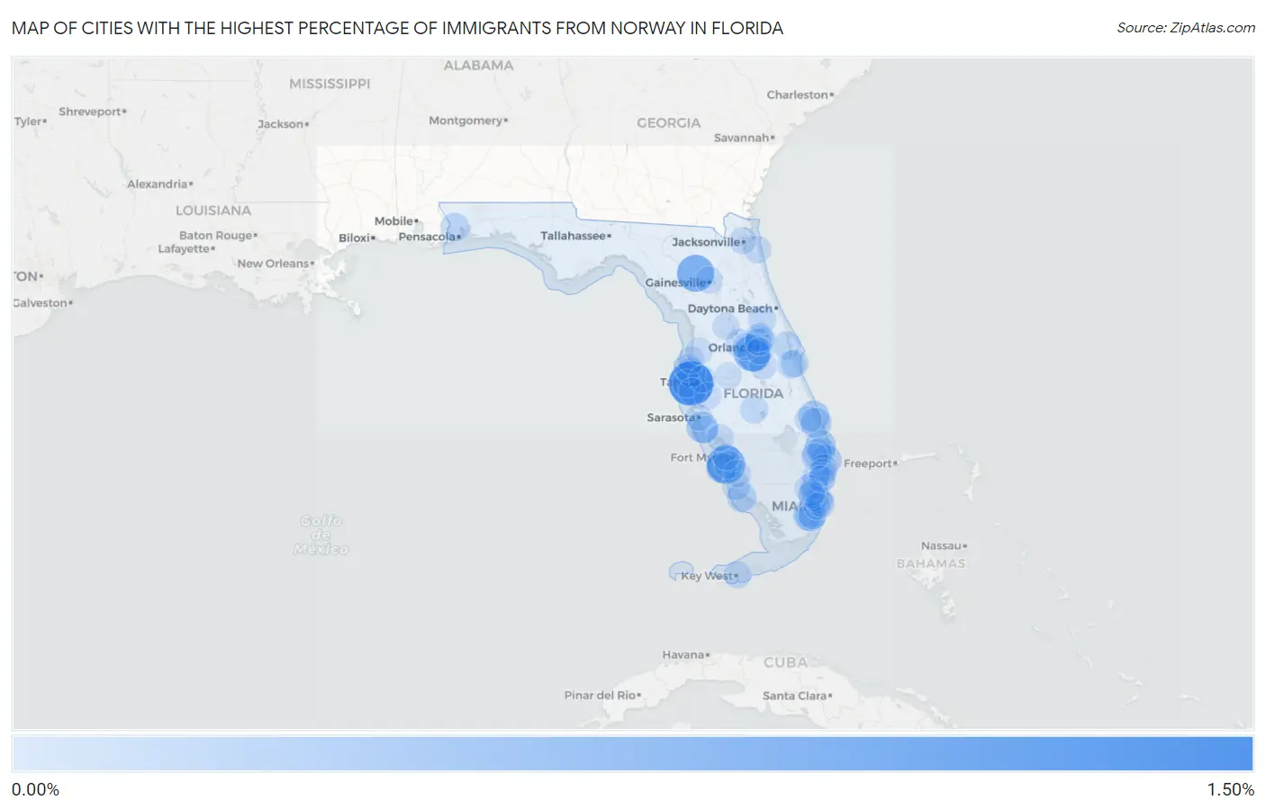 Cities with the Highest Percentage of Immigrants from Norway in Florida Map