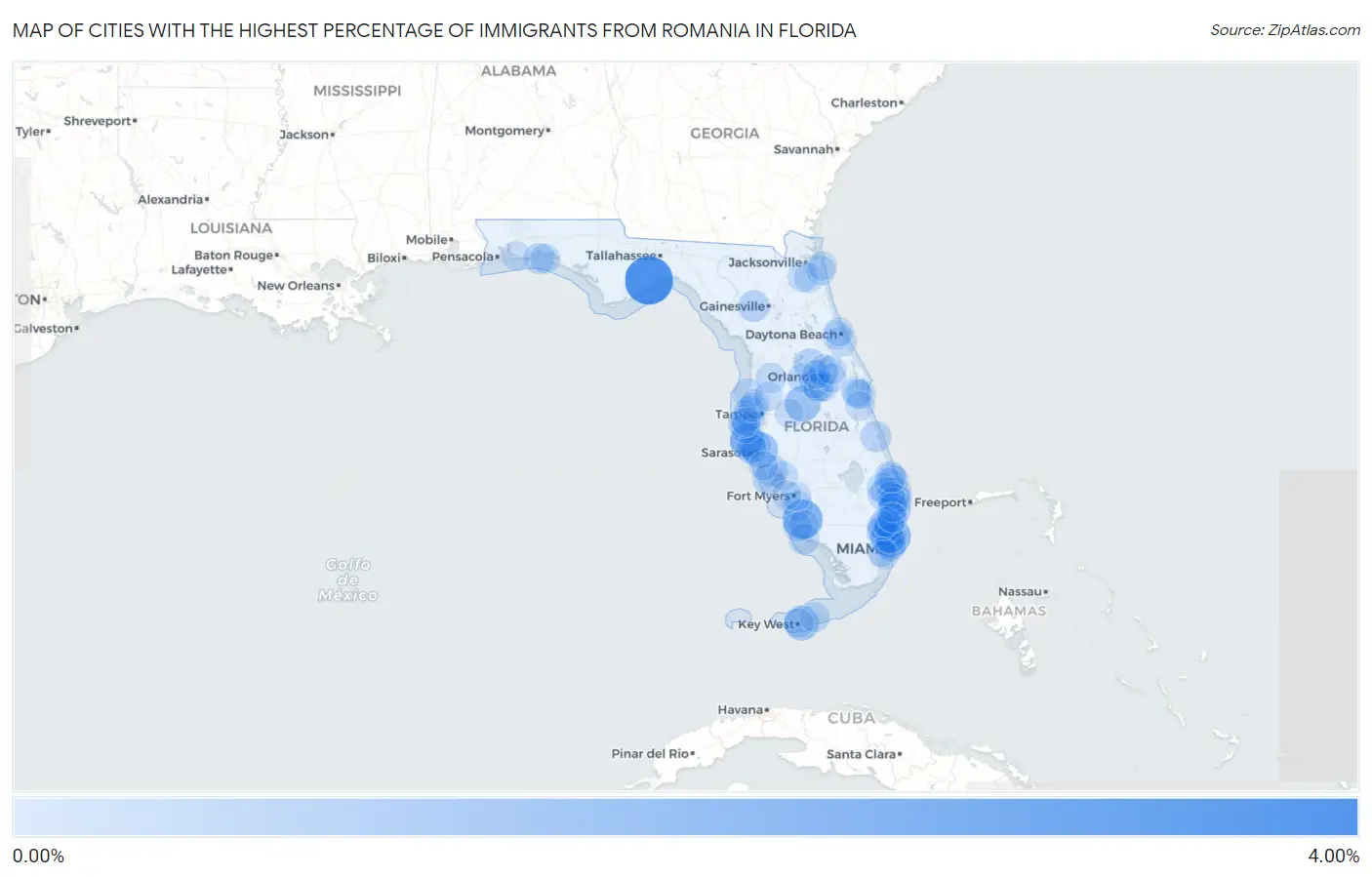 Cities with the Highest Percentage of Immigrants from Romania in Florida Map