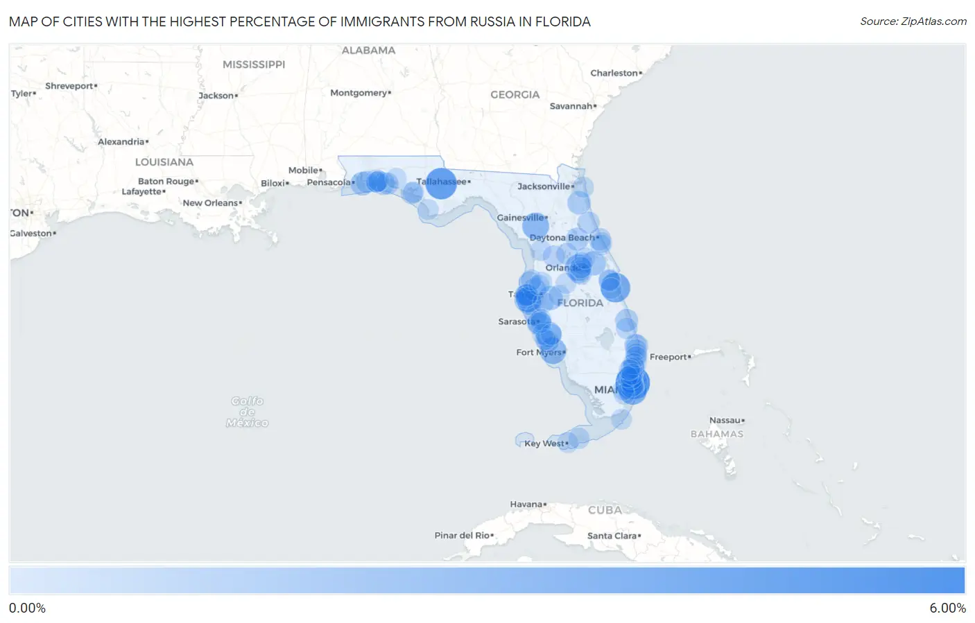 Cities with the Highest Percentage of Immigrants from Russia in Florida Map