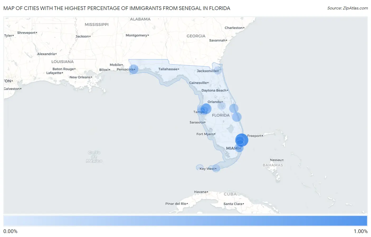 Cities with the Highest Percentage of Immigrants from Senegal in Florida Map