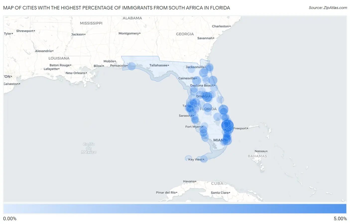 Cities with the Highest Percentage of Immigrants from South Africa in Florida Map