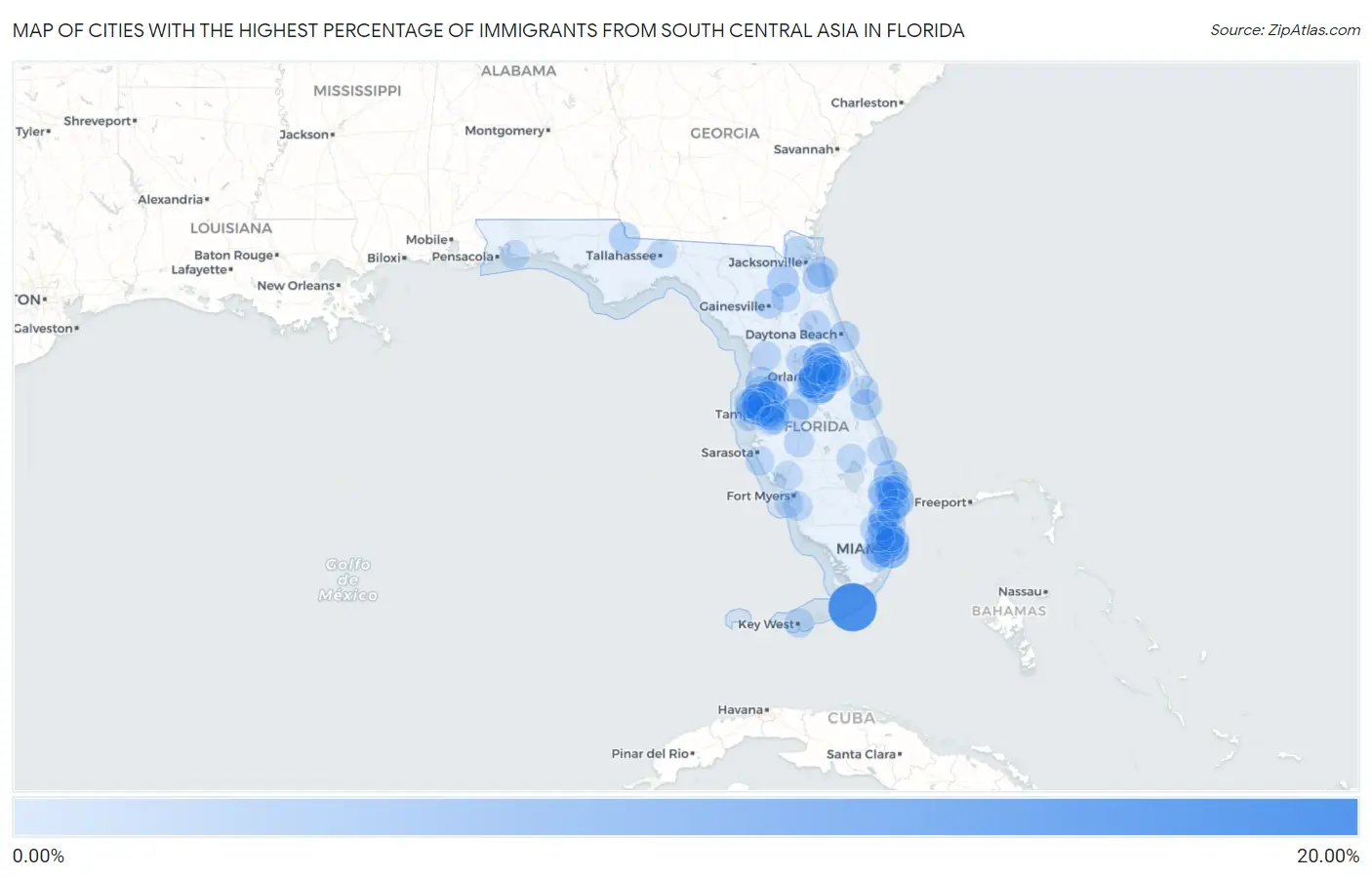 Cities with the Highest Percentage of Immigrants from South Central Asia in Florida Map