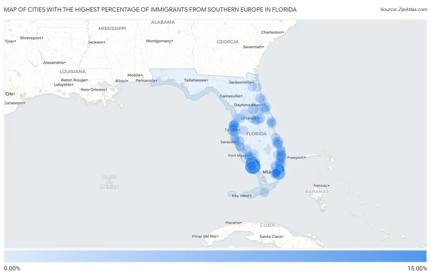Cities with the Highest Percentage of Immigrants from Southern Europe in Florida Map
